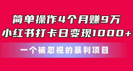 简单操作4个月赚9w,小红书打卡日变现1k,一个被忽视的暴力项目【揭秘】-第一资源库