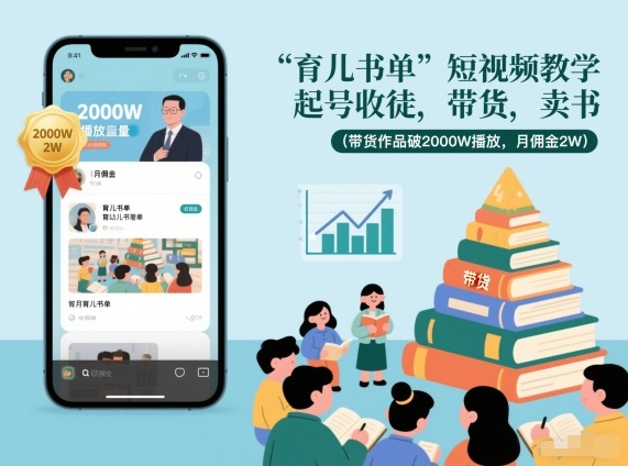 育儿书单短视频教学，起号收徒，带货，卖书（带货作品破2000W播放，月佣金2W）-第一资源库